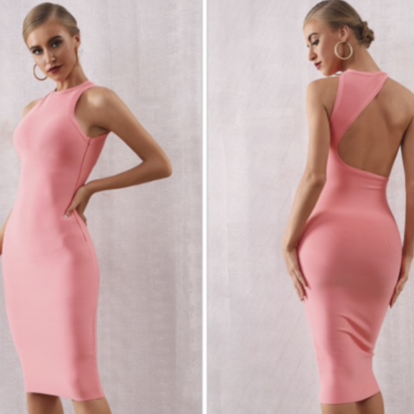 NEW! PINK PEACH CORAL HIGH NECK BANDAGE DRESS - Picture 11 of 14